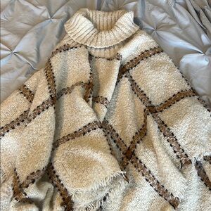 Cost Plus World Market Cream and Brown Cowl Neck Sweater